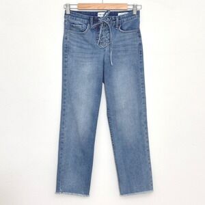 Frayed Womens Jeans 2/26 Blue Lace Up High Rise Straight Crop Denim Retro Edgy